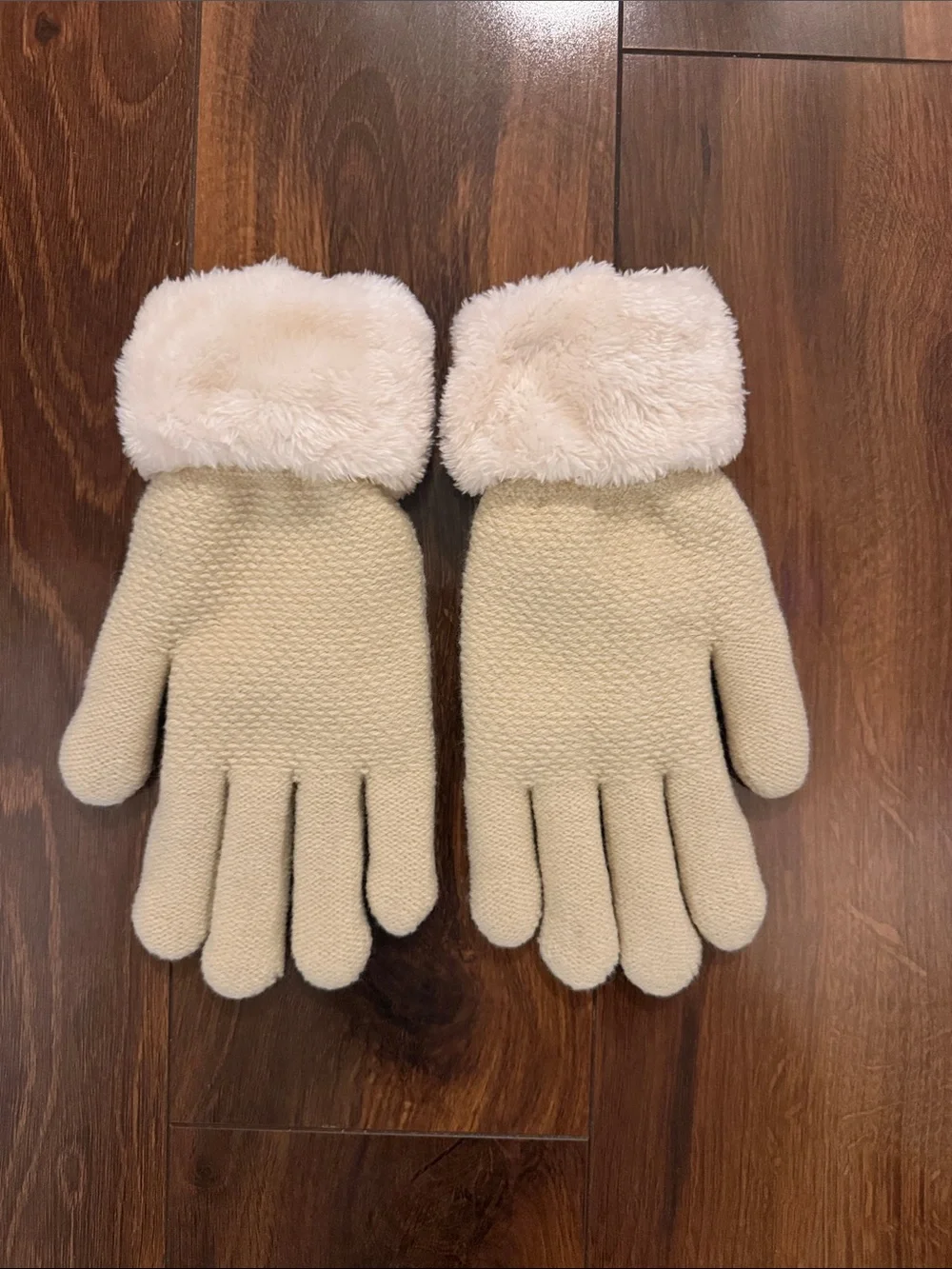 Women’s Cream Knit Gloves with Faux-Fur Cuff and Button Accents